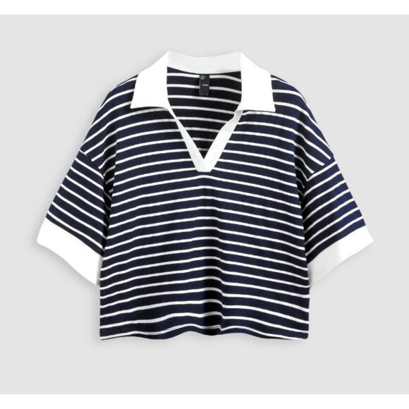 Cider Contrast Striped Collared Short Sleeve Tee Women's Top‎ Blue White 4XL NWT - Picture 1 of 7